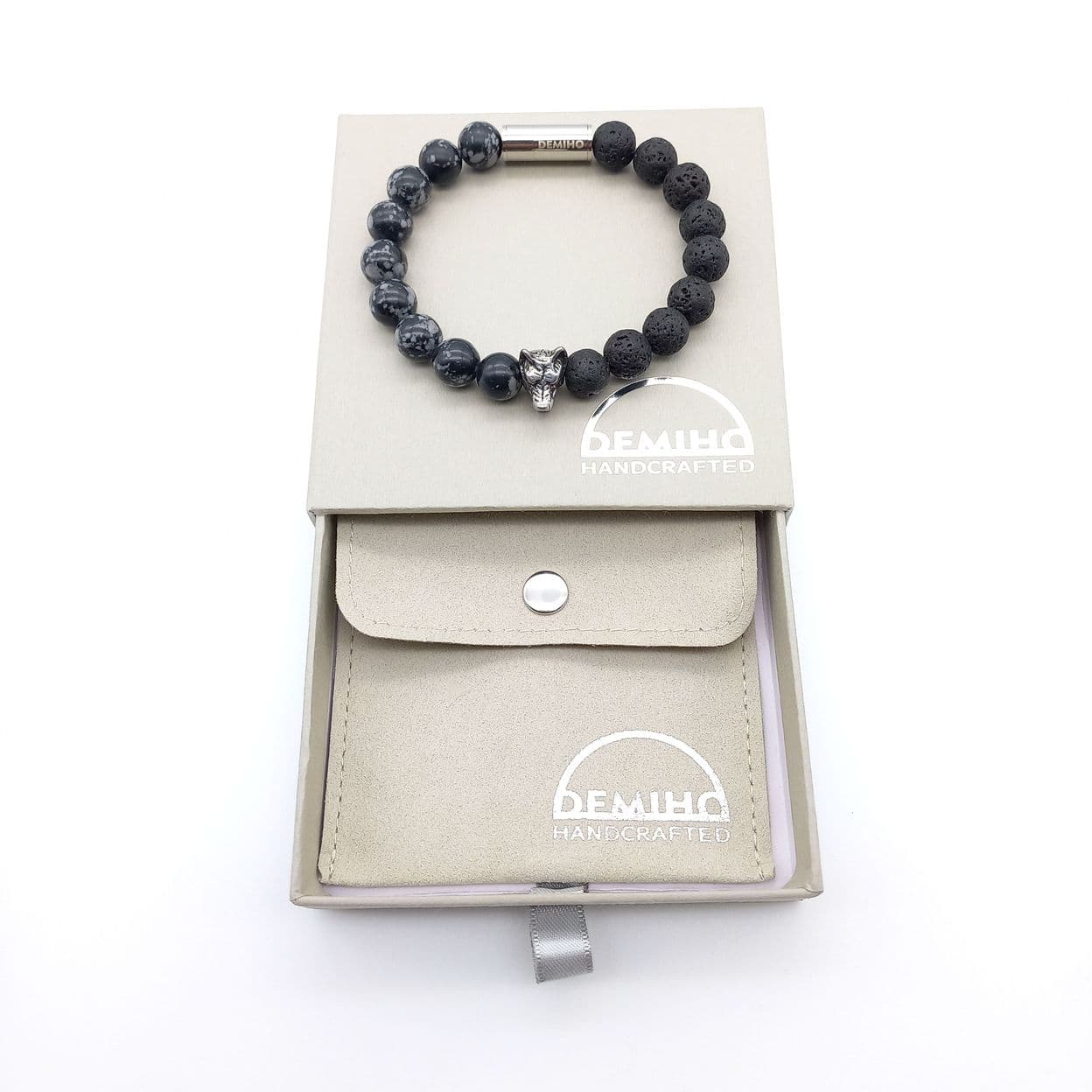 Купить Лава и снежный обсидиан 10 мм. Браслет "Волк" мужской / женский из натуральных камней, магнитный замок, сталь (арт. ODB001)