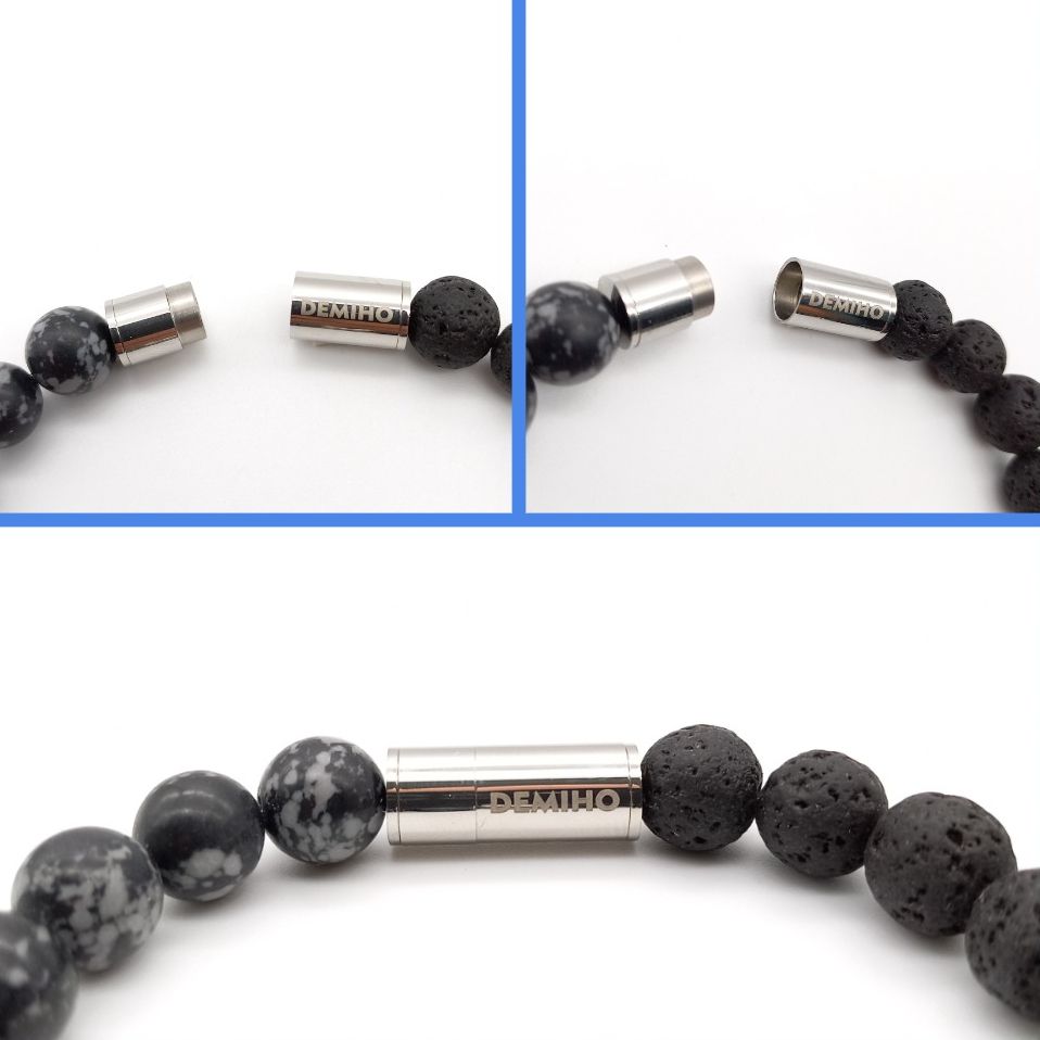 Купить Лава и снежный обсидиан 10 мм. Браслет "Волк" мужской / женский из натуральных камней, магнитный замок, сталь (арт. ODB001)