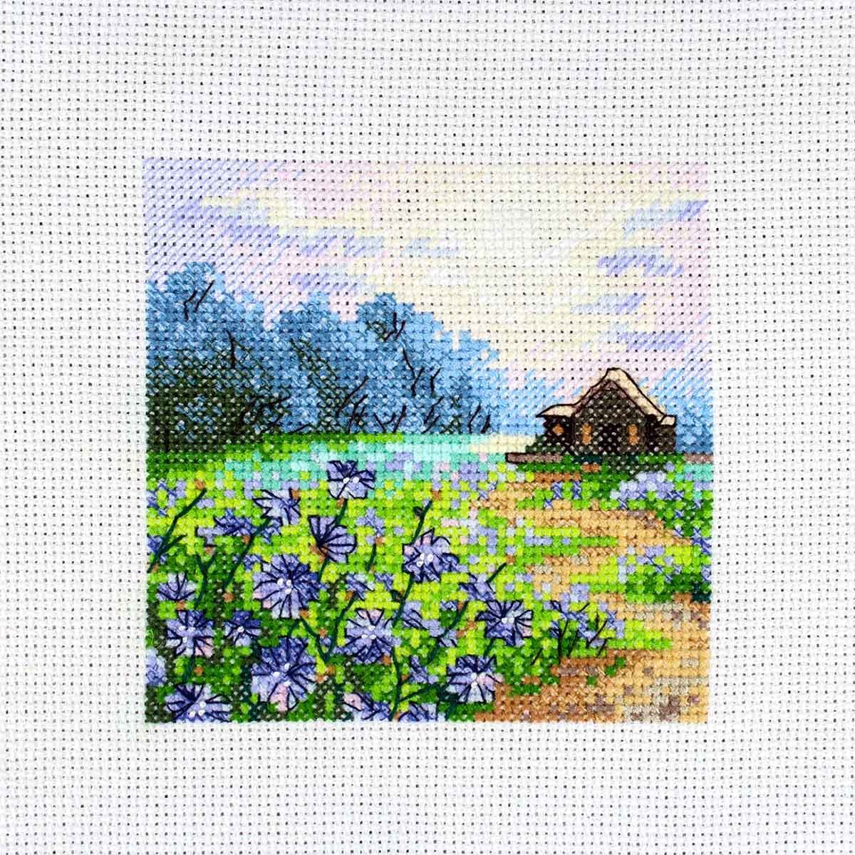 Купить М-1234 Набор для вышивания 'Пейзаж с цикорием' 11*11см, МП Студия