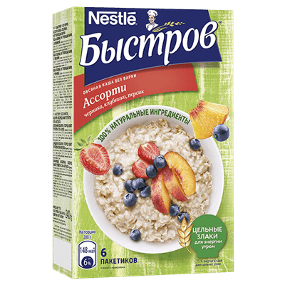 Купить БЫСТРОВ КАША ОВСЯНАЯ БЕЗ ВАРКИ АССОРТИ (ЧЕРНИКА, КЛУБНИКА, ПЕРСИК) 40 Г. Х 6 ШТ. с доставкой на дом . Доставка продуктов Тюмень , доставка прод