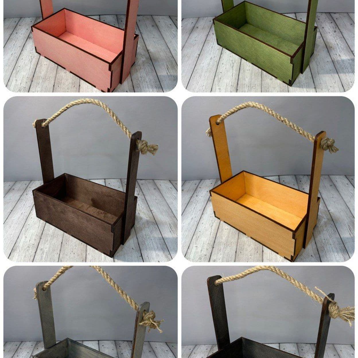 Купить Ящик деревянный толстостенный с ручкой канатом. Size: L. Цвет: серый