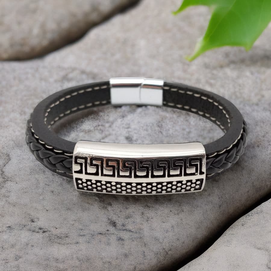 Купить Браслет мужской кожаный, ювелирная сталь (арт. DMBR014)