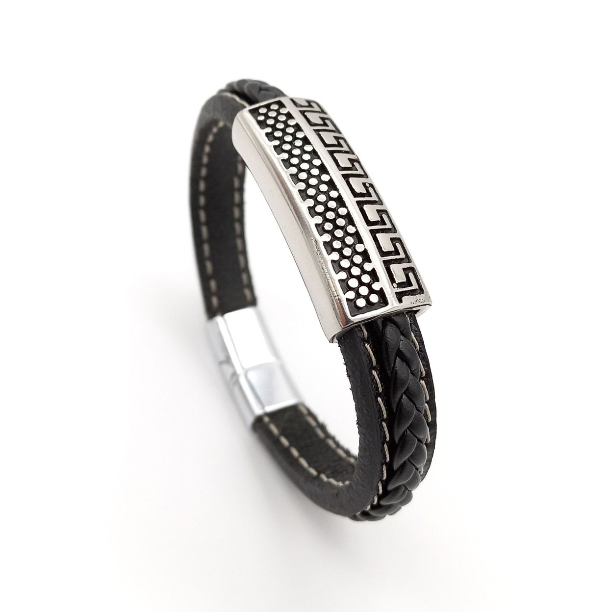 Купить Браслет мужской кожаный, ювелирная сталь (арт. DMBR014)