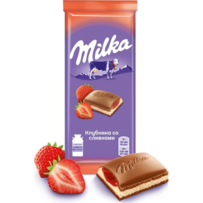 Купить ШОКОЛАД MILKA МОЛОЧНЫЙ КЛУБНИКА СО СЛИВКАМИ 90 Г. доставка продуктов Тюмень . доставка продуктов в Тюмени . доставка фруктов Тюмень . доставка 