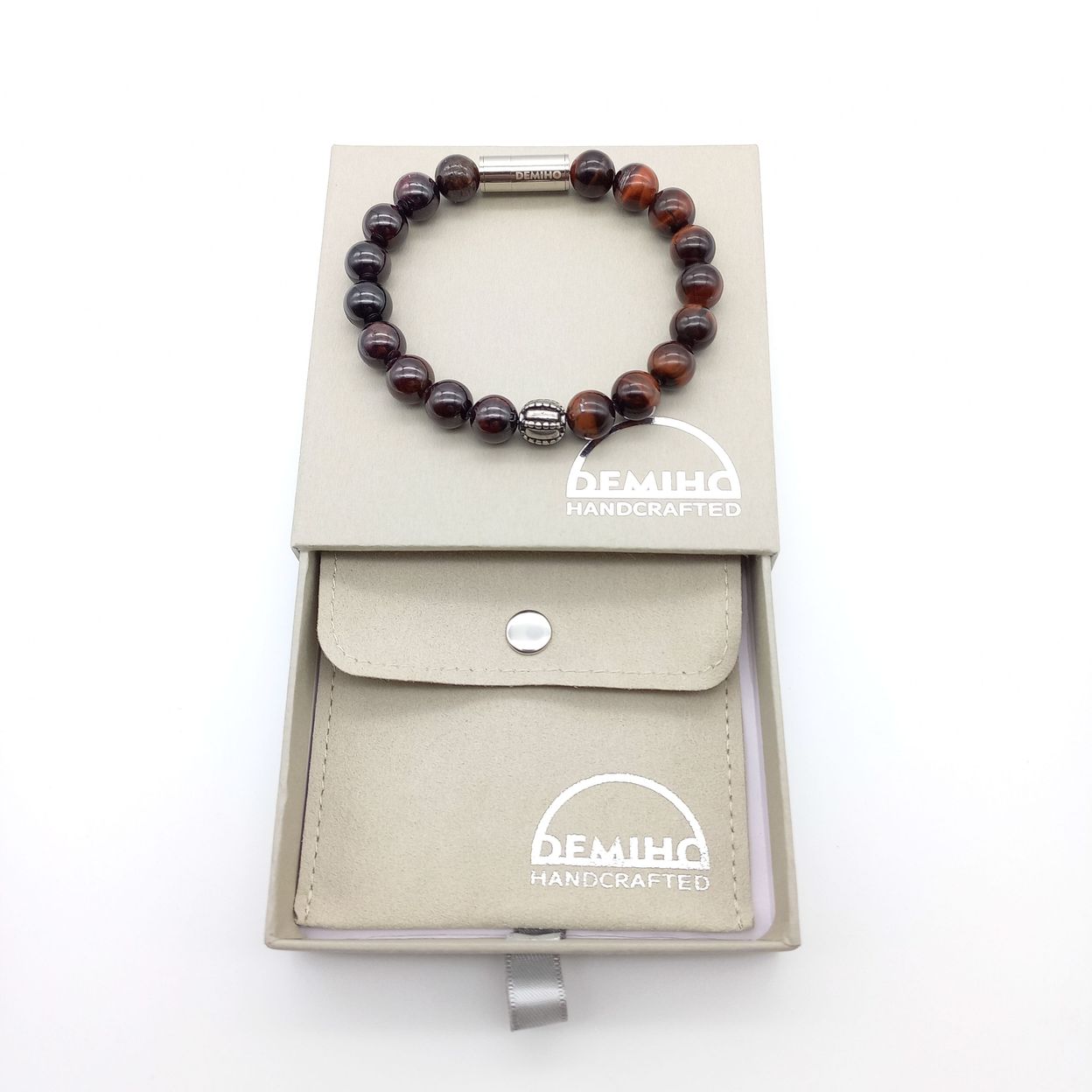 Купить Гранат и красный тигровый глаз 10 мм. Браслет женский / мужской из натуральных камней, магнитный замок, сталь (арт. ODB003)