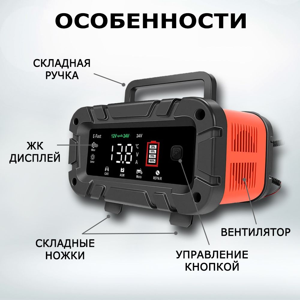 Купить Автоматическое импульсное зарядное устройство для аккумуляторов автомобиля и мотоцикла E-Fast 12В-10А, 24В-5А. с функцией восстановления (десул