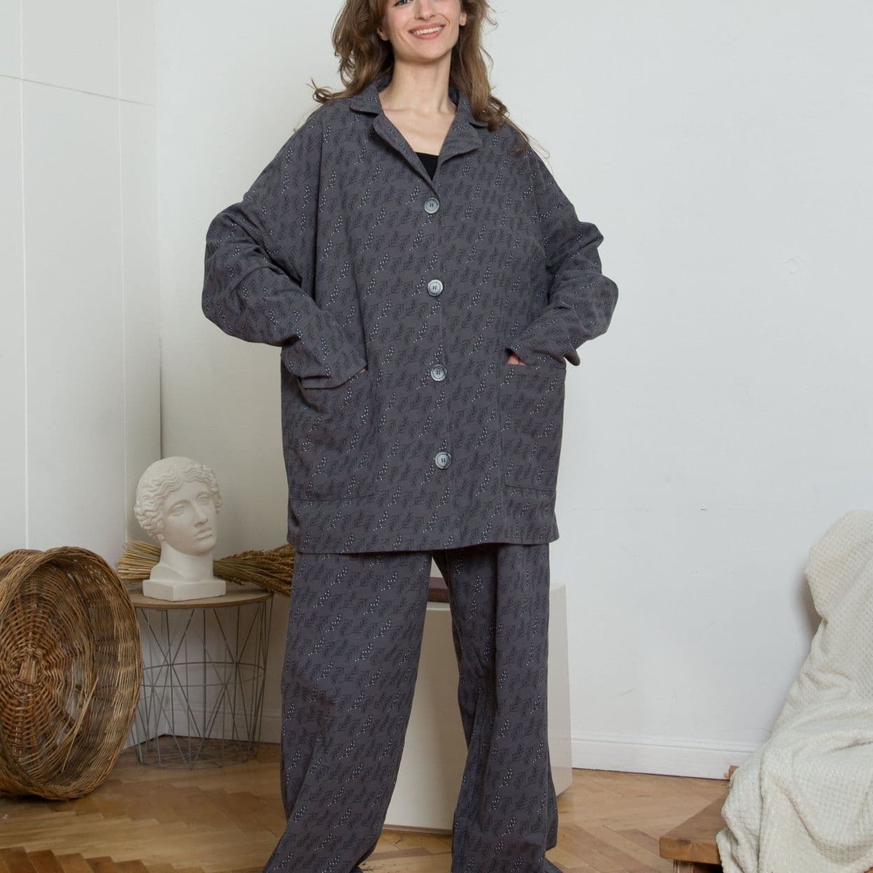 Купить Пижама теплая из фланели с веточками серая, onesize