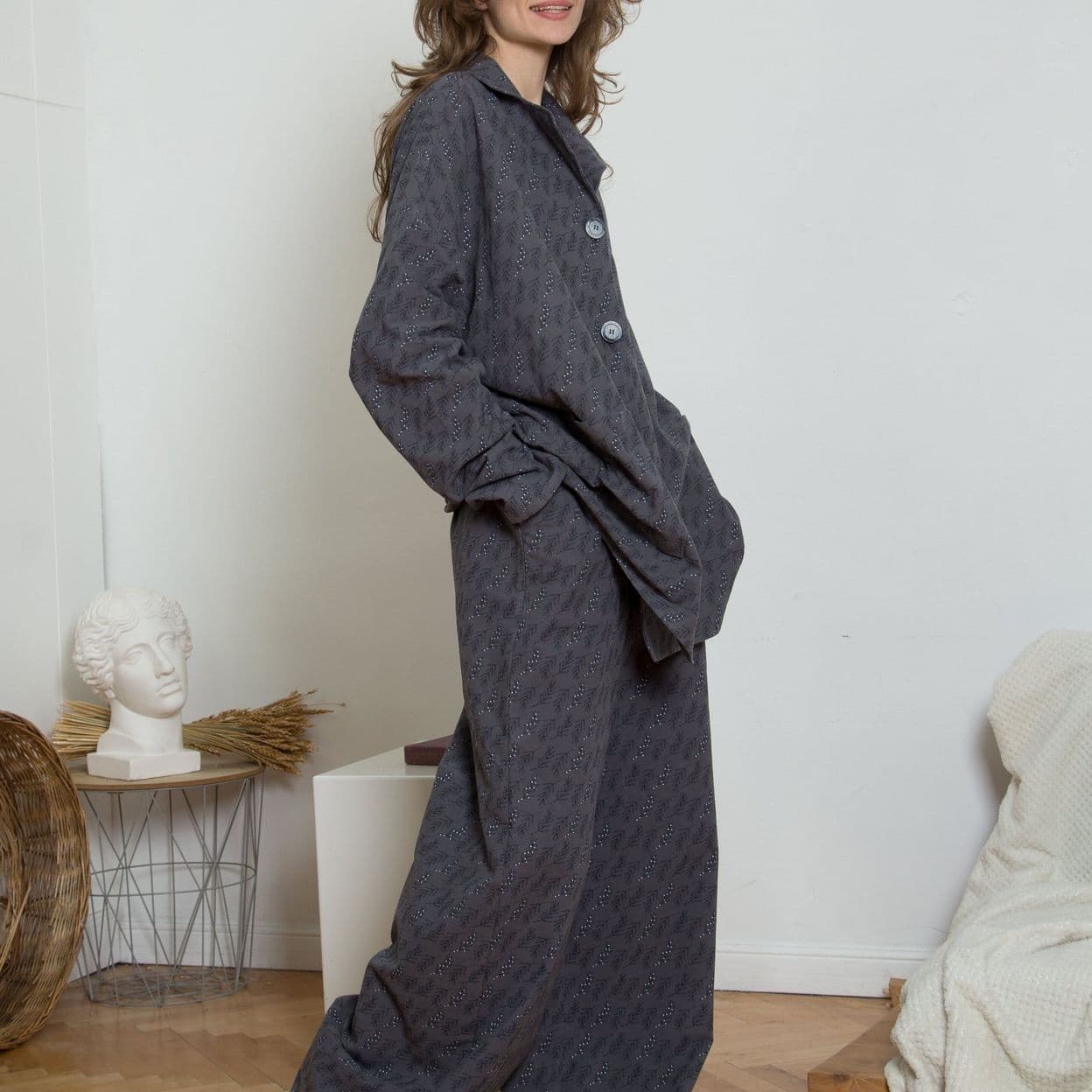 Купить Пижама теплая из фланели с веточками серая, onesize