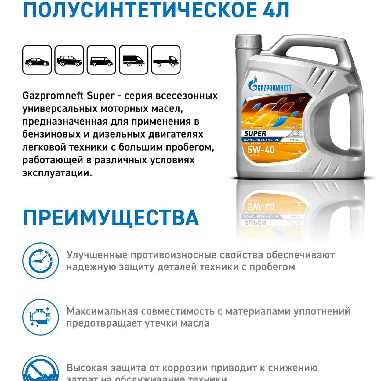 Купить Масло моторное универсальное всесезонное Gazpromneft Super 5W-40, 4л
