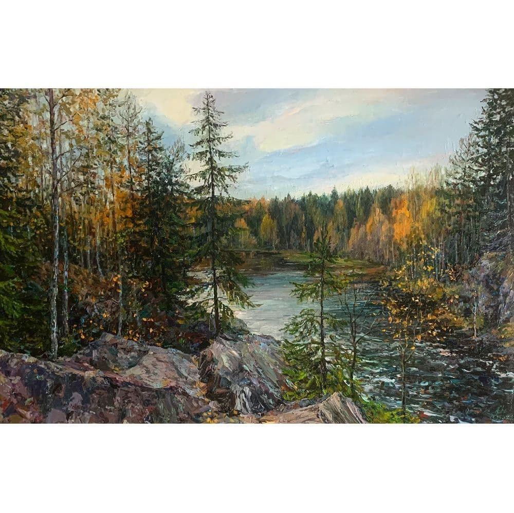 Купить Картина маслом «Осень в Карелии. Река Cуна. Водопад Кивач»