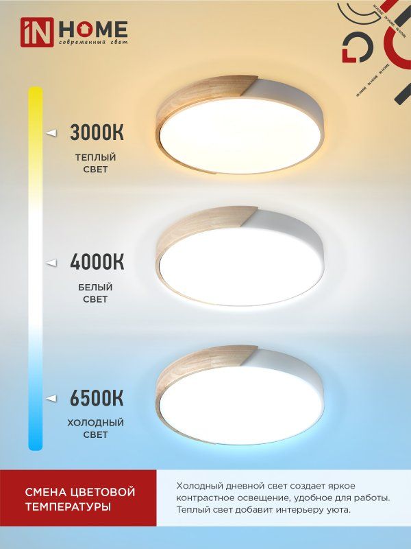 Купить Светильник светодиодный SCANDY WOOD-120RCW 120Вт 230В 3000-6500K 9600Лм 500x50мм с пультом ДУ белый IN HOME