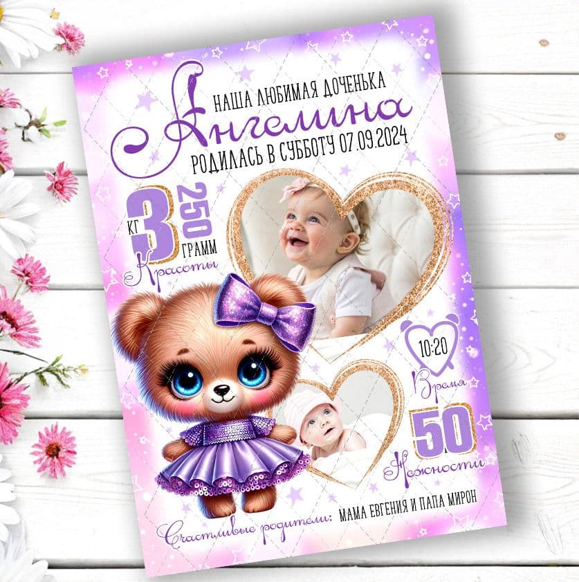 Купить Метрика "Мишка в платье" для девочки