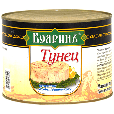 Купить ТУНЕЦ БОЯРИНЪ КУСОЧКИ В СОБСТВЕННОМ СОКУ 1700 Г. доставка продуктов Тюмень . доставка продуктов в Тюмени . доставка фруктов Тюмень . доставка ф