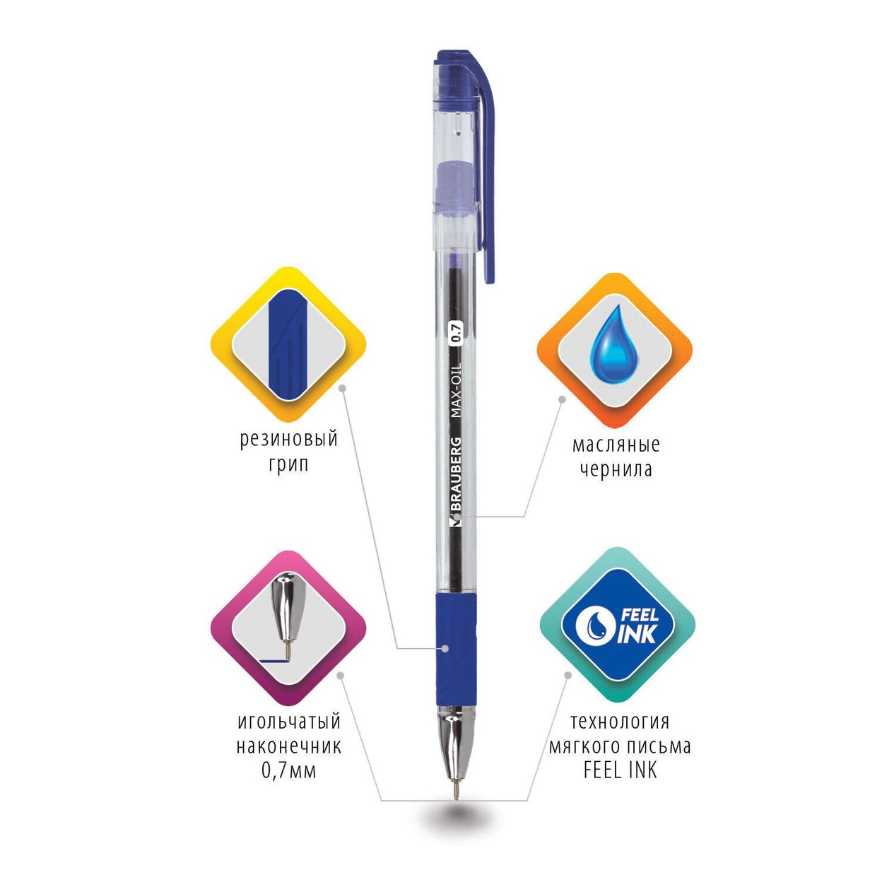 Купить Ручка шариковая масляная с грипом BRAUBERG «Max-Oil», СИНЯЯ, игольчатый узел 0,7 мм, линия письма 0,35 мм.