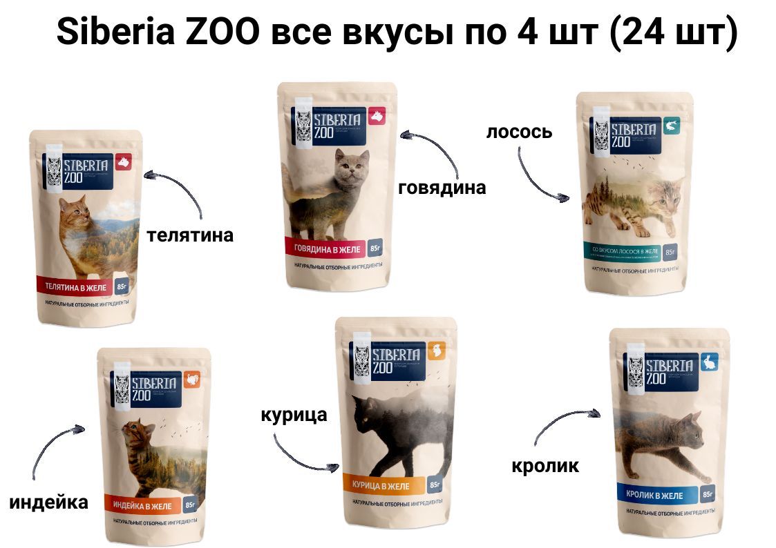 Купить Влажный корм для кошек Siberia ZOO все вкусы по 4 шт (24 шт)