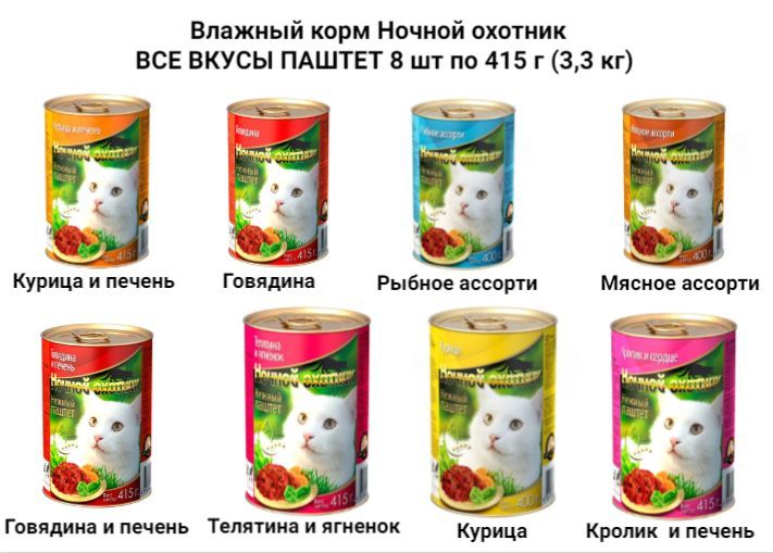 Купить Влажный корм Ночной охотник  ВСЕ ВКУСЫ ПАШТЕТ 8 шт по 415 г (3,3 кг)