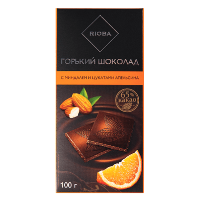 Купить ШОКОЛАД RIOBA ГОРЬКИЙ МИНДАЛЬ ЦУКАТЫ АПЕЛЬСИН 100 Г. доставка продуктов Тюмень . доставка продуктов в Тюмени . доставка фруктов Тюмень . достав