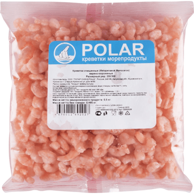 Купить КРЕВЕТКИ ОЧИЩЕННЫЕ ВАРЕНО-МОРОЖЕНЫЕ POLAR 200/300 500 Г . доставка продуктов тюмень . доставка продуктов в тюмени . доставка фруктов тюмень . д