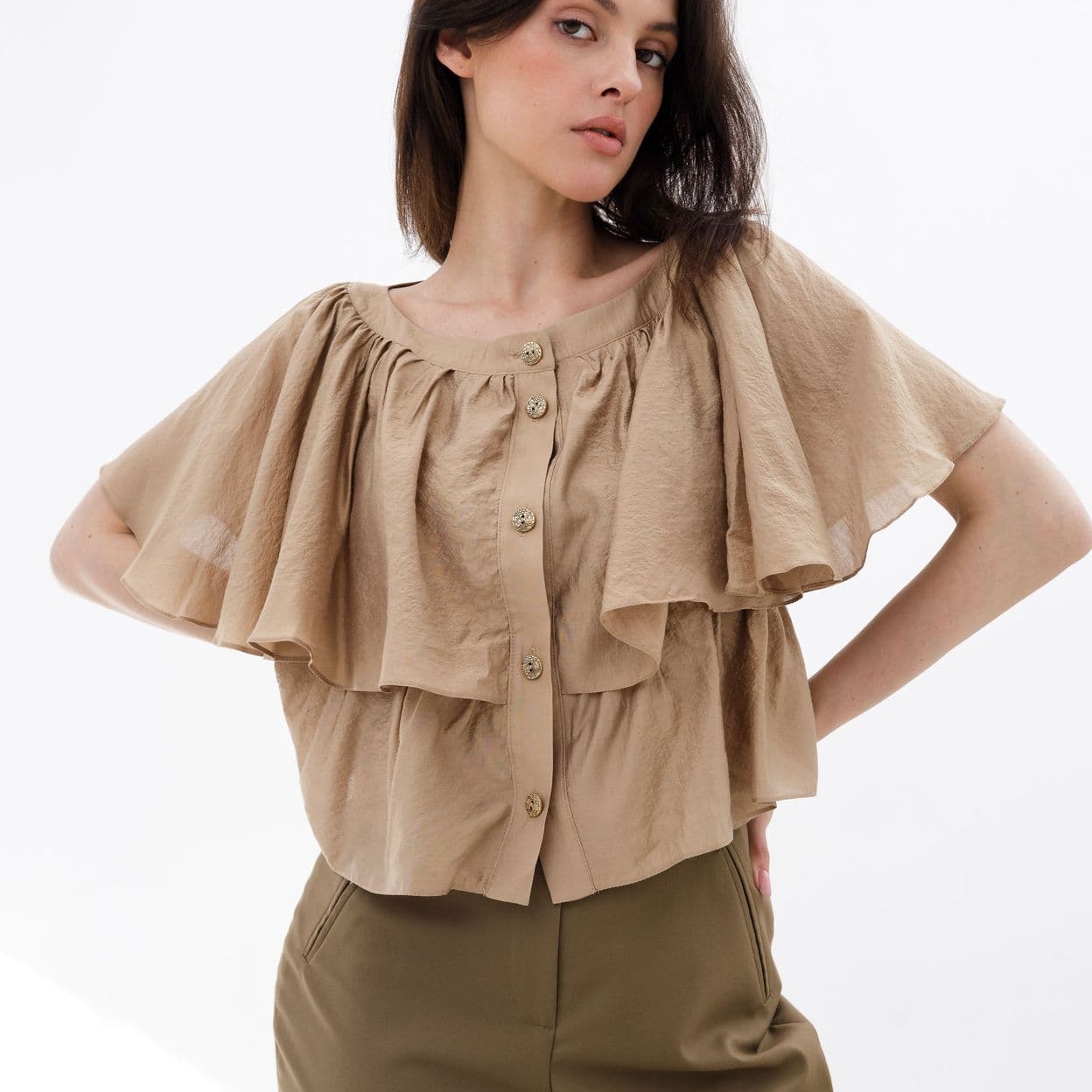 Купить Топ женский с воланами золотистый