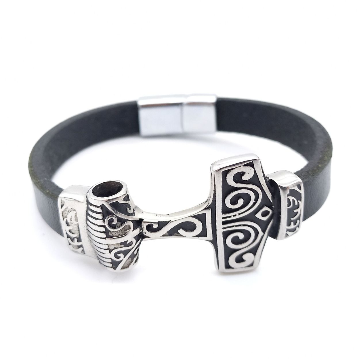 Купить Браслет Молот Тора мужской кожаный, ювелирная сталь (арт.DMBR009)