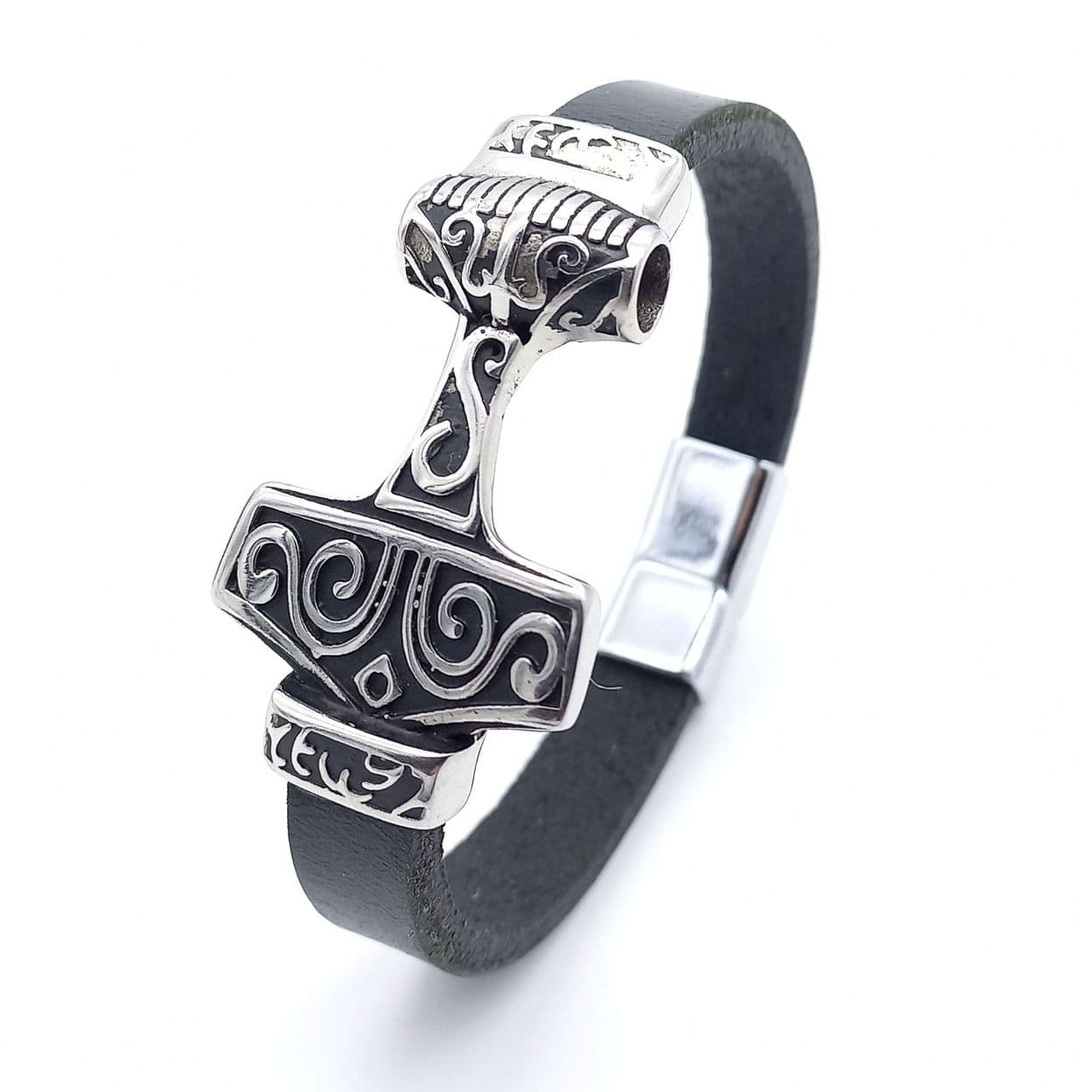 Купить Браслет Молот Тора мужской кожаный, ювелирная сталь (арт.DMBR009)