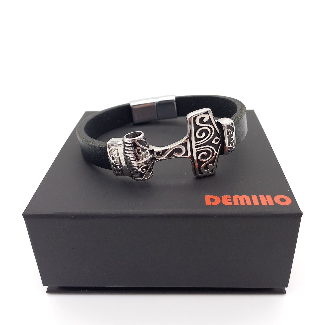 Купить Браслет Молот Тора мужской кожаный, ювелирная сталь (арт.DMBR009)