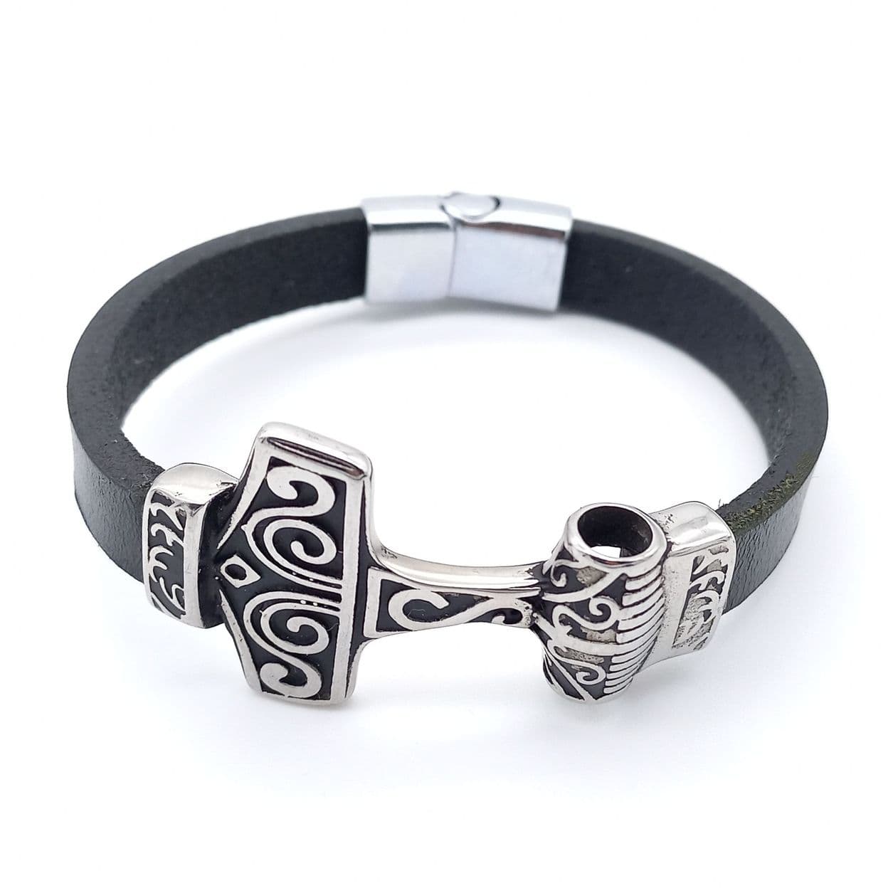 Купить Браслет Молот Тора мужской кожаный, ювелирная сталь (арт.DMBR009)