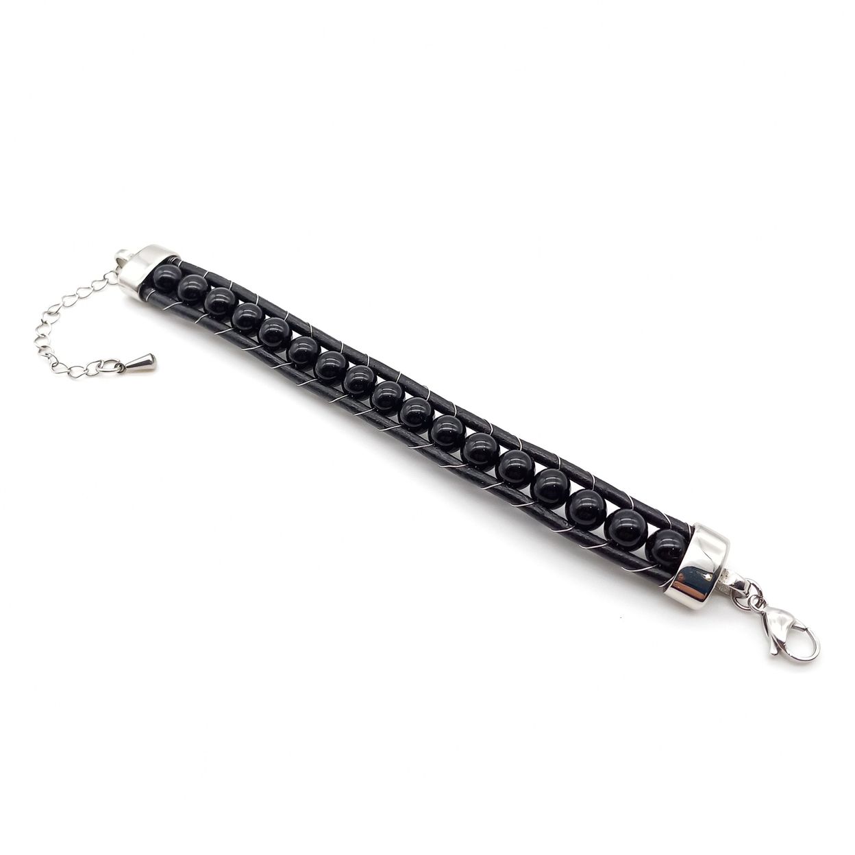 Купить Оникс глянцевый, кожа, сталь. Браслет женский кожаный из натуральных камней Оникс черный глянцевый (арт. DMBR021W)