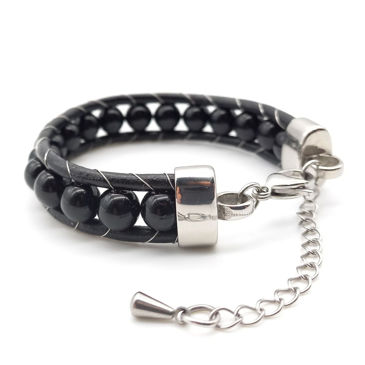 Купить Оникс глянцевый, кожа, сталь. Браслет женский кожаный из натуральных камней Оникс черный глянцевый (арт. DMBR021W)