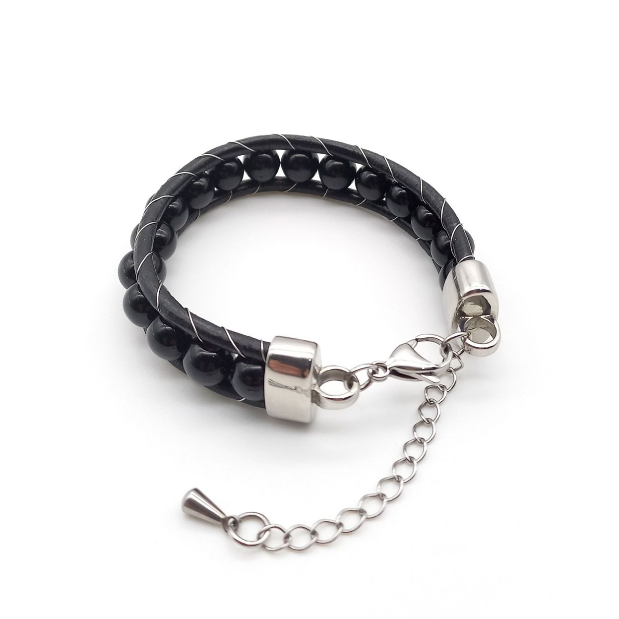 Купить Оникс глянцевый, кожа, сталь. Браслет женский кожаный из натуральных камней Оникс черный глянцевый (арт. DMBR021W)