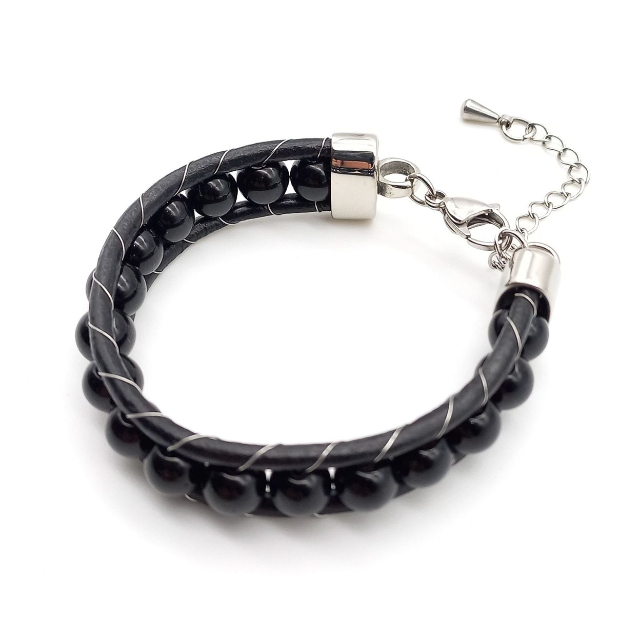 Купить Оникс глянцевый, кожа, сталь. Браслет женский кожаный из натуральных камней Оникс черный глянцевый (арт. DMBR021W)