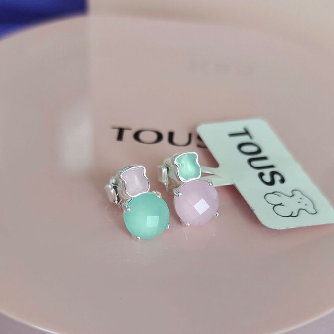 Серьги tous с амазонитом и розовым кварцем, купить сережки тоус разноцветные, купить сережки тоус розовые, купить серьги тоус с камнями, tous ювелирны