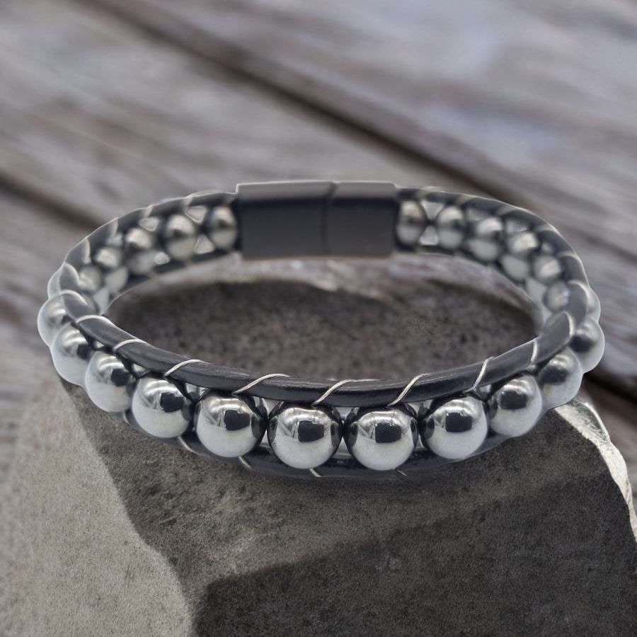 Купить Гематит круглый, кожа, сталь. Браслет мужской / женский кожаный из натуральных камней Гематит (арт. DMBR005)