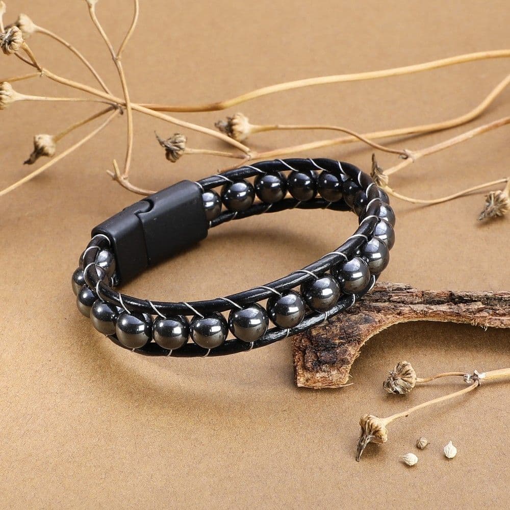 Купить Гематит круглый, кожа, сталь. Браслет мужской / женский кожаный из натуральных камней Гематит (арт. DMBR005)