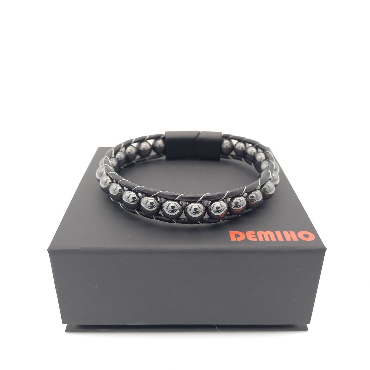 Купить Гематит круглый, кожа, сталь. Браслет мужской / женский кожаный из натуральных камней Гематит (арт. DMBR005)