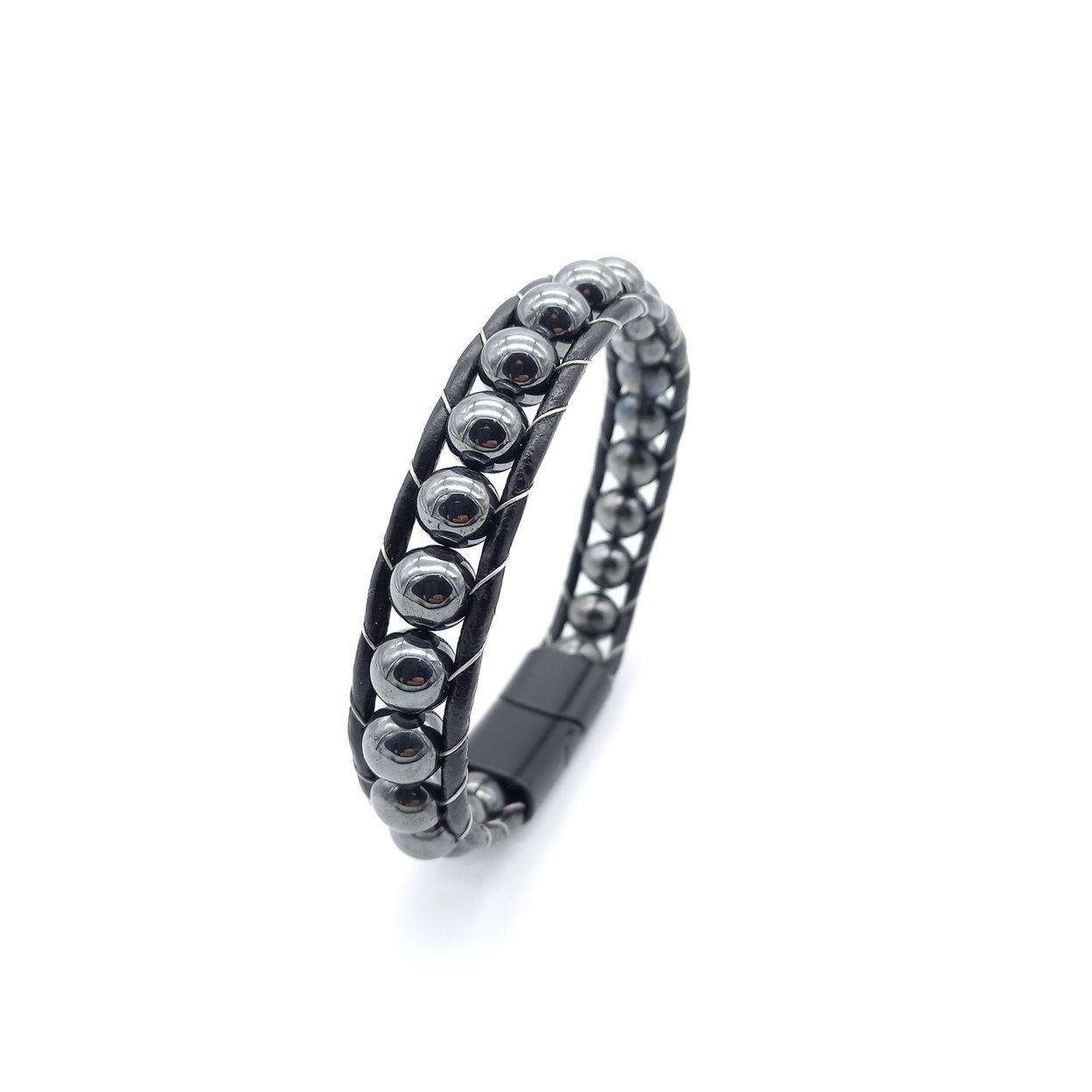 Купить Гематит круглый, кожа, сталь. Браслет мужской / женский кожаный из натуральных камней Гематит (арт. DMBR005)