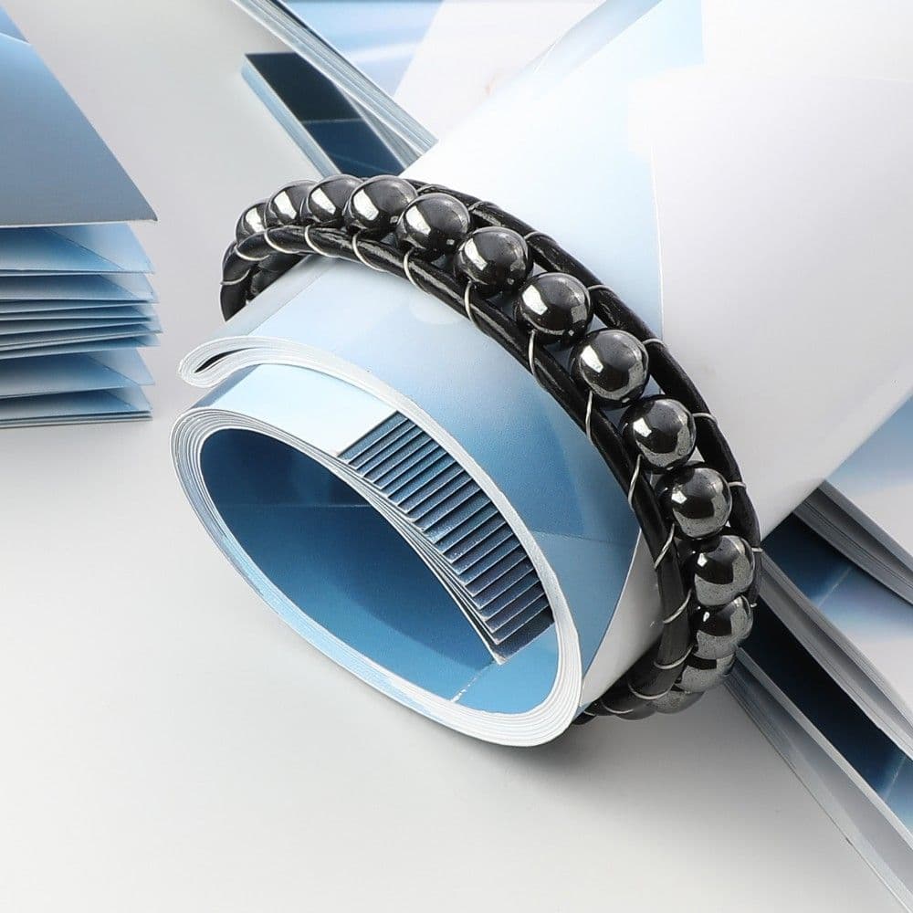 Купить Гематит круглый, кожа, сталь. Браслет мужской / женский кожаный из натуральных камней Гематит (арт. DMBR005)