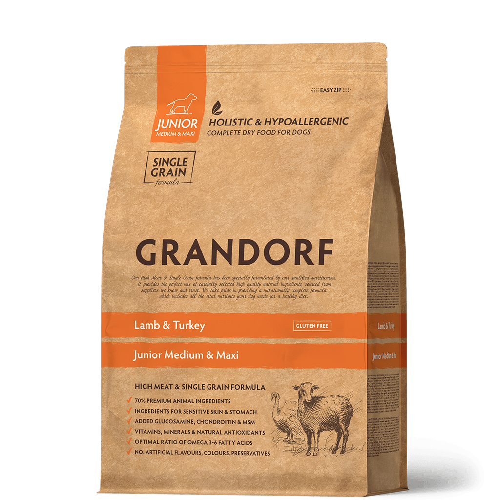 Купить GRANDORF Junior Medium & Maxi для юниоров от 4 месяцев, беременных и кормящих сук, с ягненком и индейкой 1кг