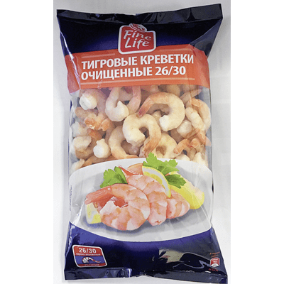 Купить КРЕВЕТКИ FINE LIFE ТИГРОВЫЕ 26/30 ОЧИЩЕННЫЕ ВАРЕНО-МОРОЖЕНЫЕ 850 Г. доставка продуктов тюмень . доставка продуктов в тюмени . доставка фруктов 