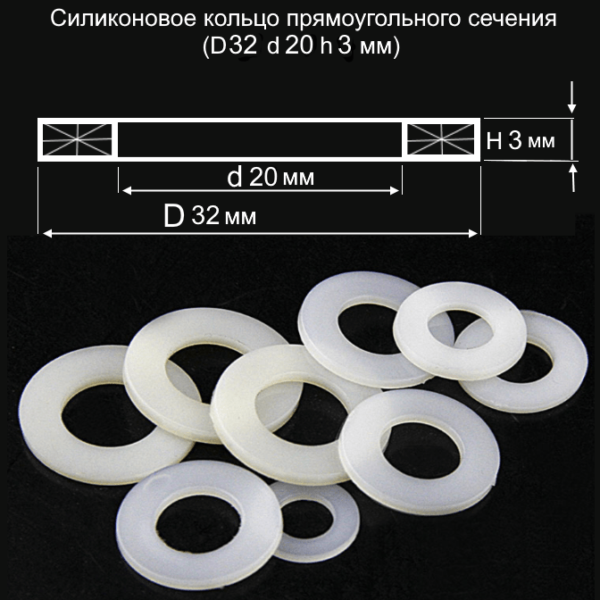 Купить Силиконовое кольцо прямоугольного сечения D 32 d 20 h 3 мм