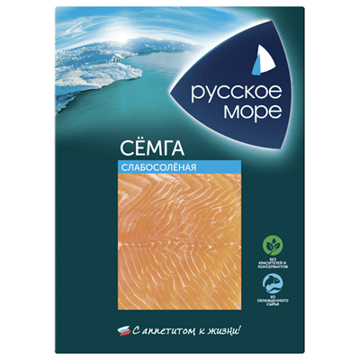 Купить СЕМГА ФИЛЕ-ЛОМТИКИ СЛАБОСОЛЁНАЯ РУССКОЕ МОРЕ 120 Г. Доставка продуктов Тюмень . Рыба Тюмень . Доставка продуктов в Тюмени