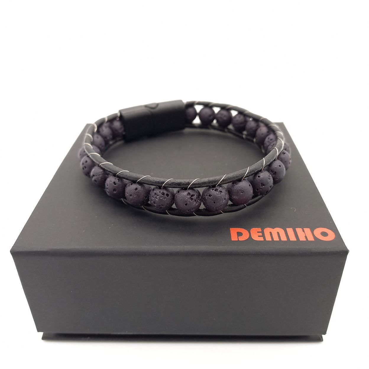 Купить Лава, кожа, сталь. Браслет мужской / женский кожаный из натуральных камней Лавы (арт. DMBR004)