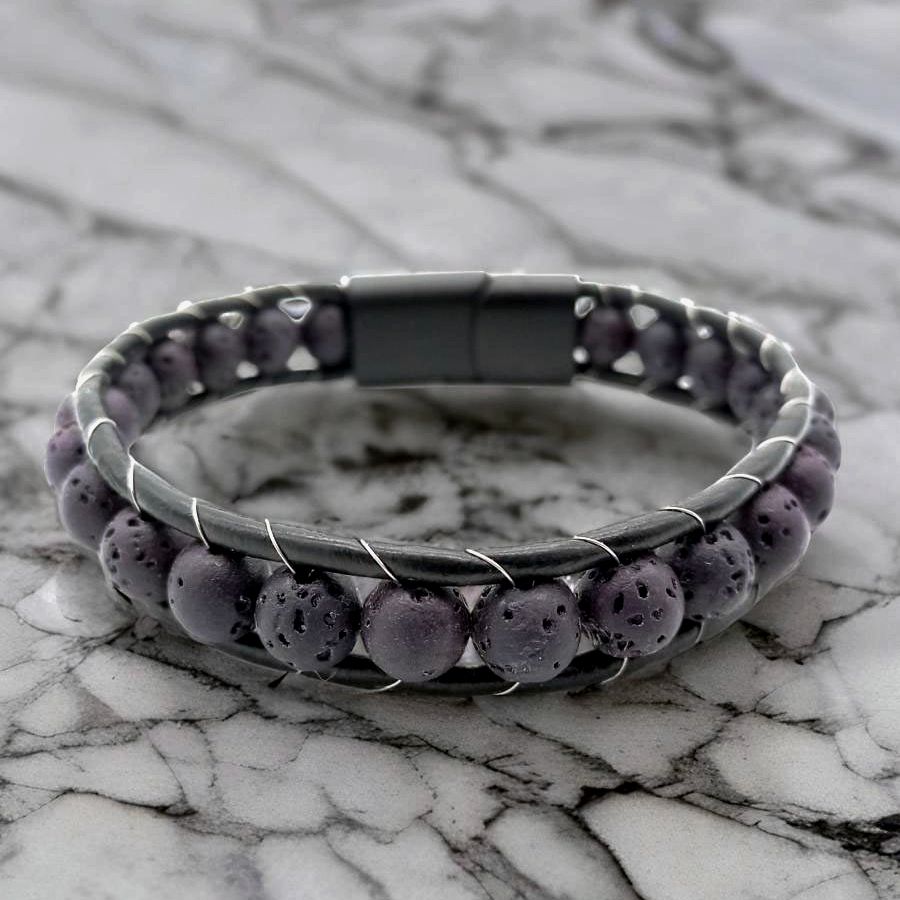 Купить Лава, кожа, сталь. Браслет мужской / женский кожаный из натуральных камней Лавы (арт. DMBR004)