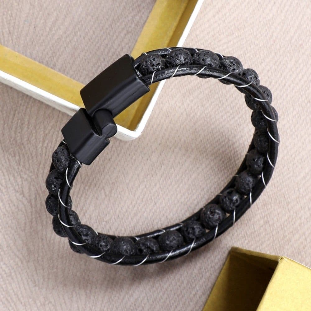 Купить Лава, кожа, сталь. Браслет мужской / женский кожаный из натуральных камней Лавы (арт. DMBR004)