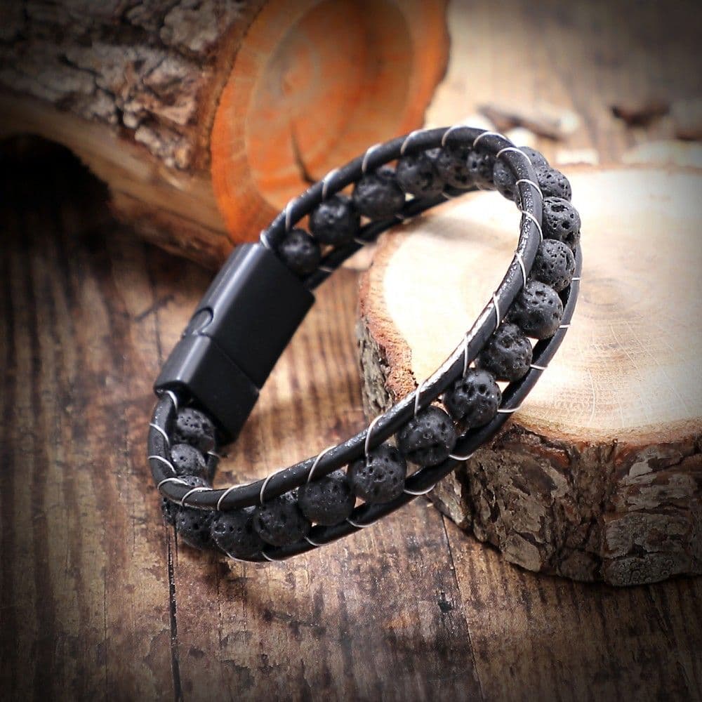 Купить Лава, кожа, сталь. Браслет мужской / женский кожаный из натуральных камней Лавы (арт. DMBR004)