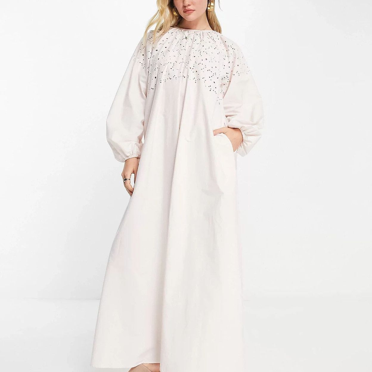 Купить ASOS DESIGN maxi smock dress with cutwork in natural
