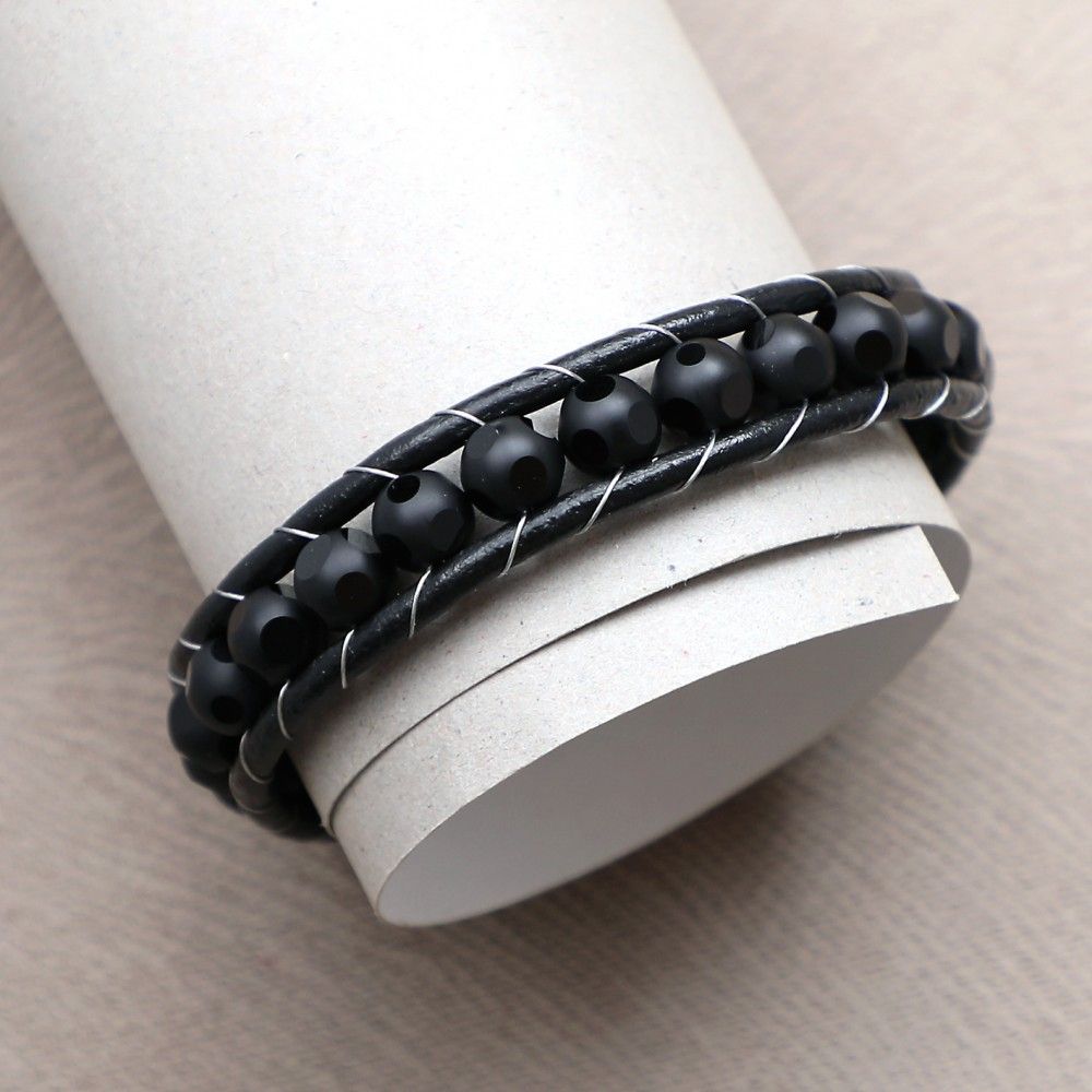 Купить Оникс ограненный, кожа, сталь. Браслет мужской / женский кожаный из натуральных камней Оникс ограненный (арт. DMBR006)