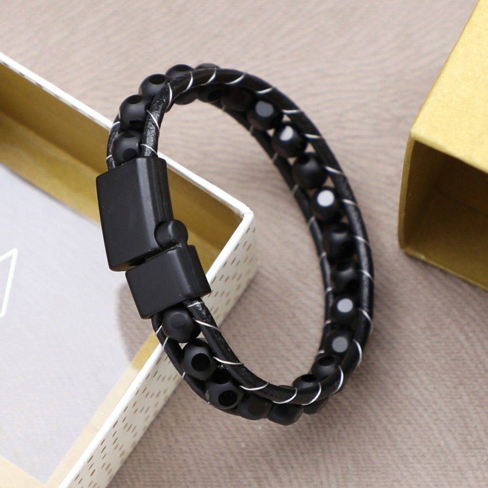 Купить Оникс ограненный, кожа, сталь. Браслет мужской / женский кожаный из натуральных камней Оникс ограненный (арт. DMBR006)