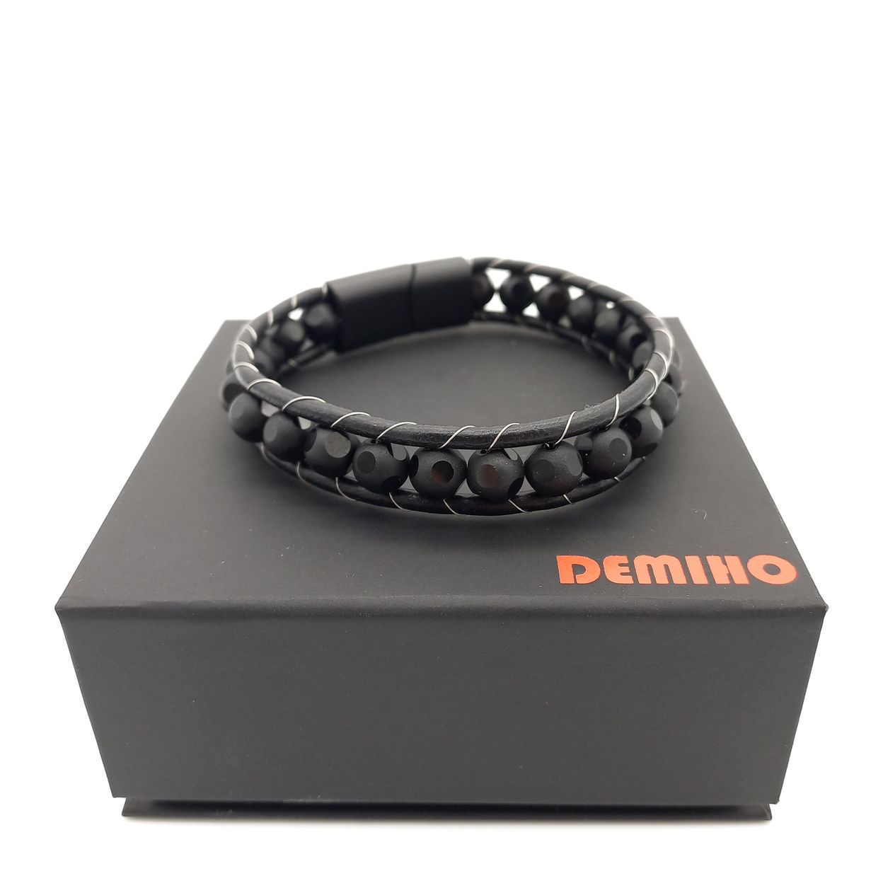 Купить Оникс ограненный, кожа, сталь. Браслет мужской / женский кожаный из натуральных камней Оникс ограненный (арт. DMBR006)