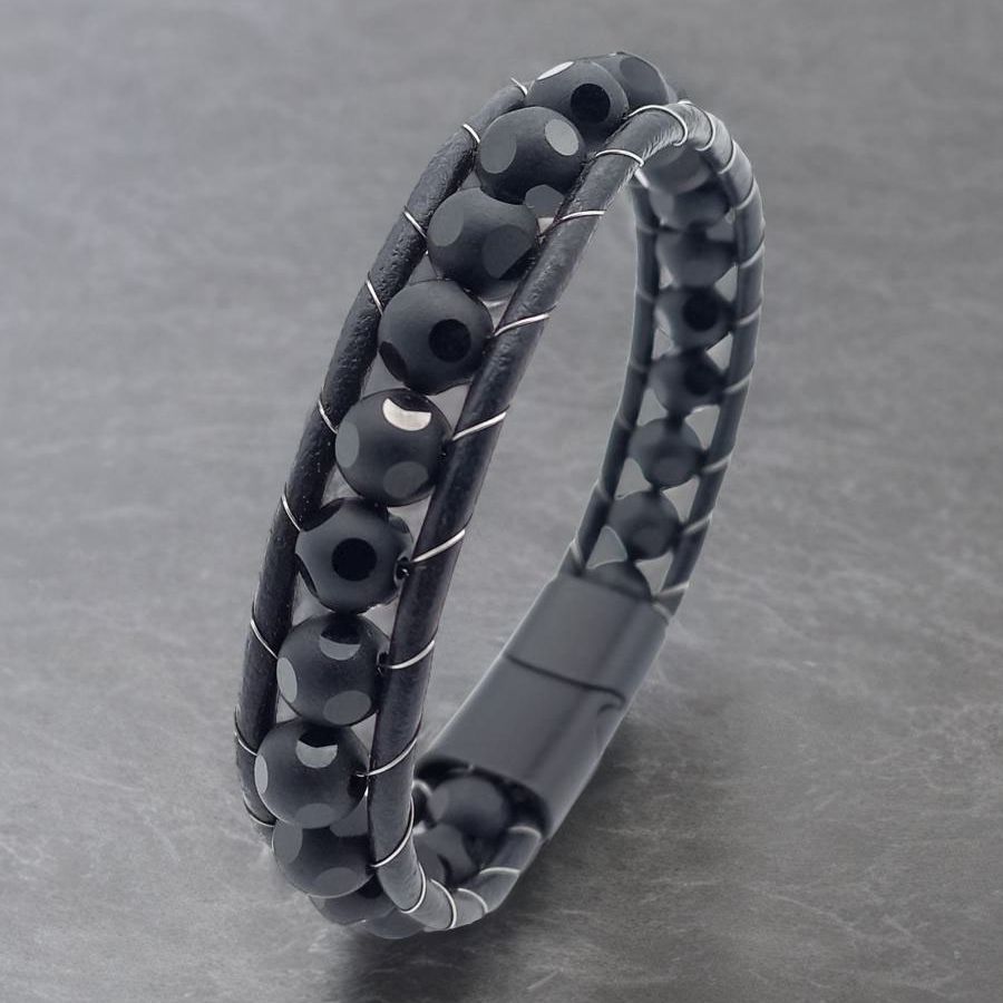 Купить Оникс ограненный, кожа, сталь. Браслет мужской / женский кожаный из натуральных камней Оникс ограненный (арт. DMBR006)